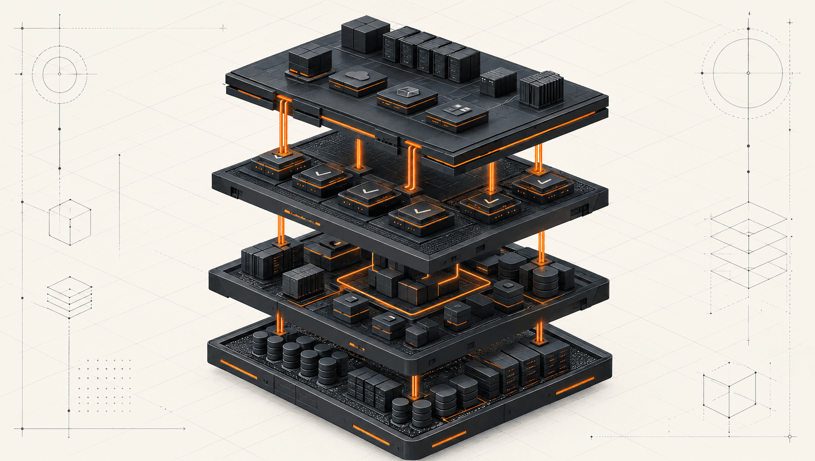 Exploded-view of a modular platform showing separated engineering layers with orange accent lines connecting them. Technical architecture illustration.