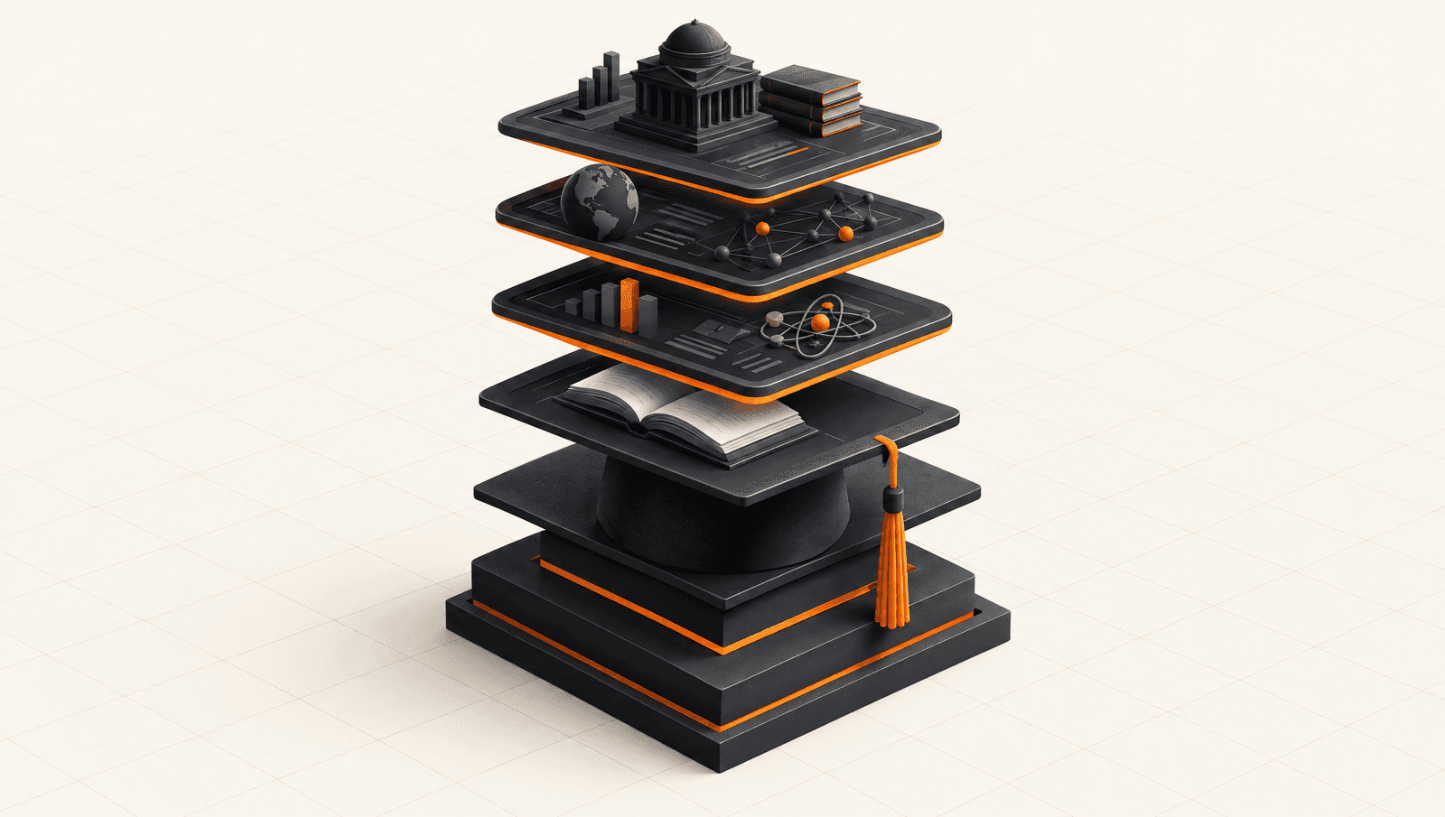 Stacked academic tablets rising like a graduation ziggurat with orange level edges, illustrating higher education.