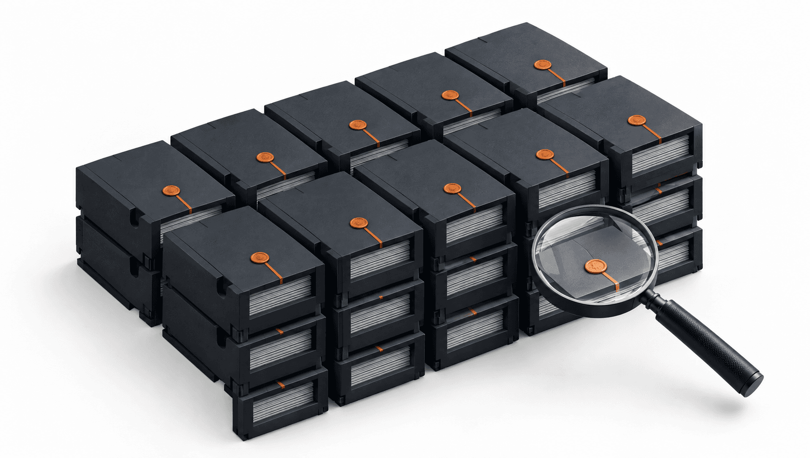 Archival grid of dark charcoal document blocks with orange seals and a magnifying glass, illustrating audit and evidence.