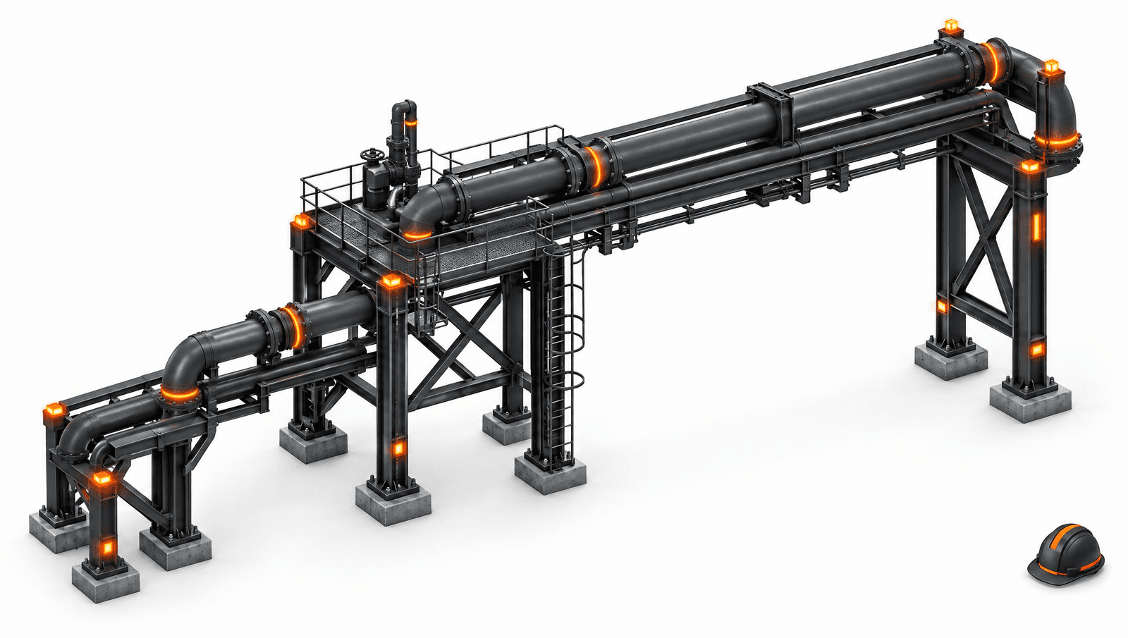 Industrial gantry and pipeline framework in dark charcoal with molten orange safety indicators, illustrating critical infrastructure.