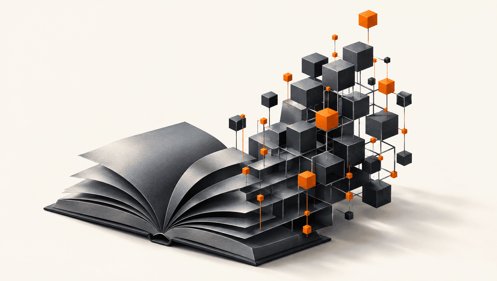 Open book transforming into a rising lattice of charcoal cubes with molten orange nodes, an editorial cover for knowledge architecture.