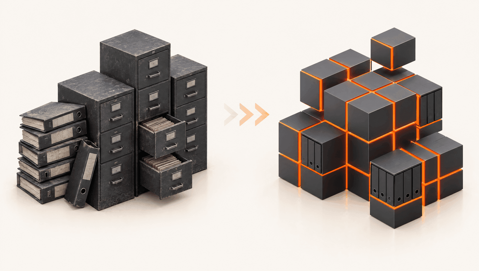 Legacy filing cabinets on the left transforming into a modular lattice of cubes on the right with orange accent edges. Enterprise learning modernization illustration.
