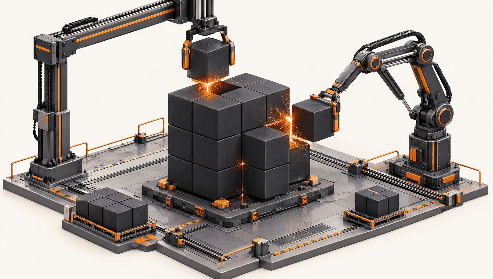 Dark charcoal cubes being lifted and refitted by mechanical arms, orange welding sparks at the seams. Remediation illustration.