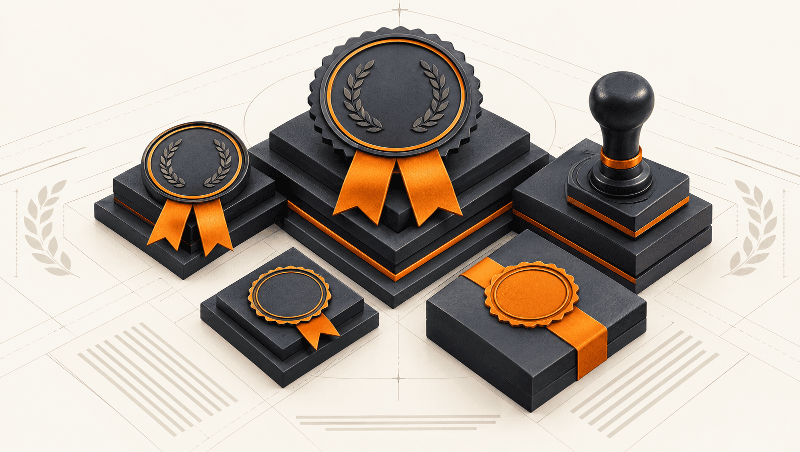 Stacked certification medallions and stamped seal blocks with orange accreditation ribbons. Standards and accreditation illustration.