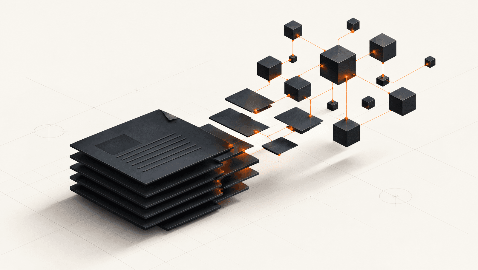 Stack of dark charcoal document blocks transforming into an interconnected network of floating cubes, illustrating knowledge transformation.