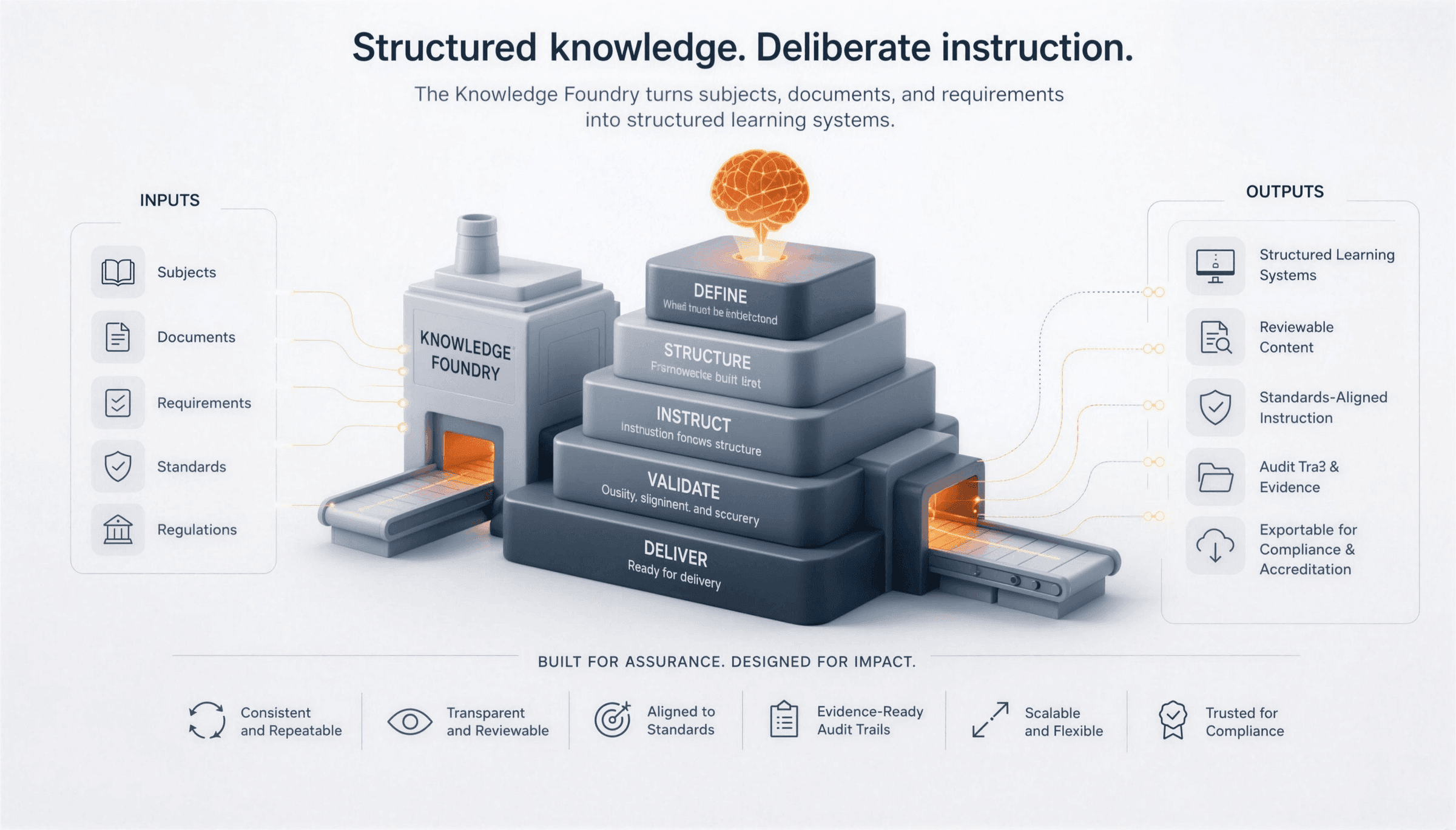The Knowledge Foundry system diagram: inputs (subjects, documents, requirements, standards, regulations) flow through five foundry stages (Define, Structure, Instruct, Validate, Deliver) into outputs (structured learning systems, reviewable content, standards-aligned instruction, audit trail, exportable evidence).